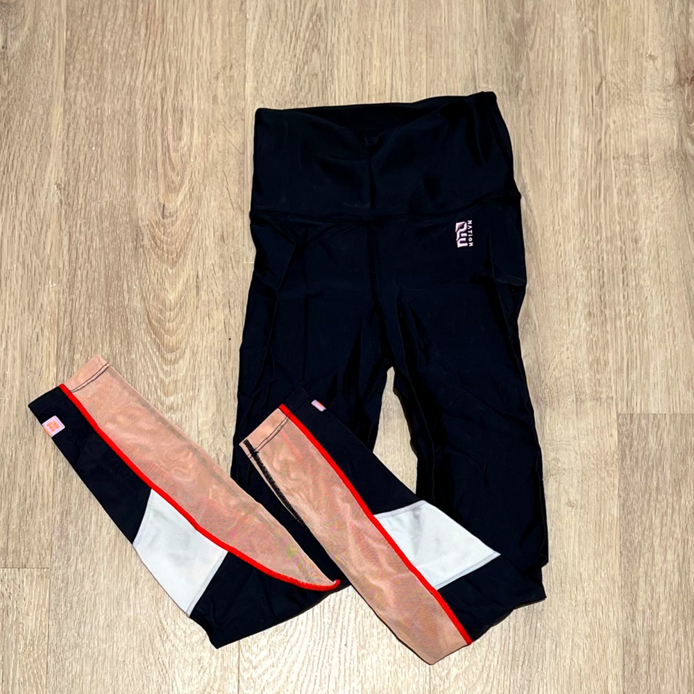 XS PE Nation Mesh Bottom Orange and Red Trim Black Leggings